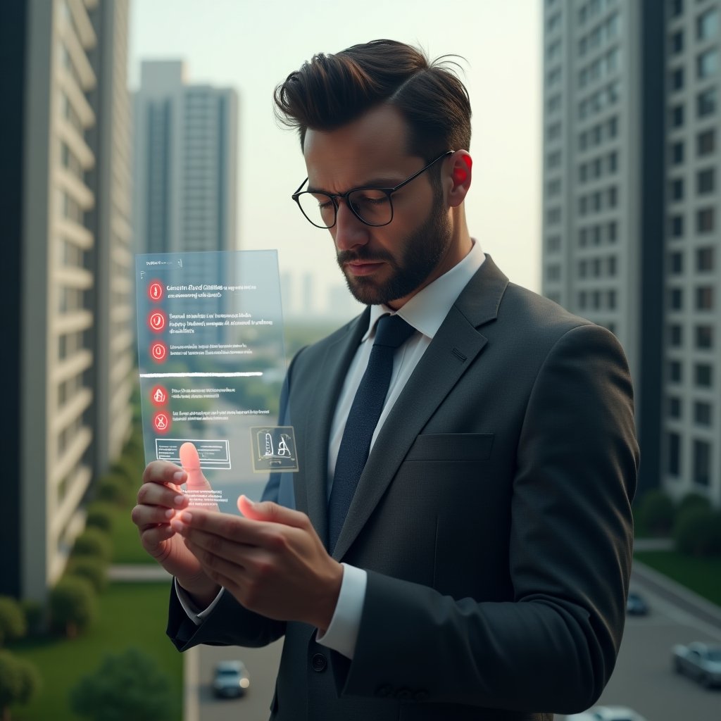Ultra-realistic condominium manager in a dark gray tailored suit, set in a modern luxury condominium environment with high-rise buildings and green landscaping, serious expression while reviewing a holographic checklist marked with red error symbols and a floating legal scales icon, cinematic lighting, shallow depth of field, highly detailed textures, realistic skin, photographic realism, 8k resolution --ar 1:1 --v 6