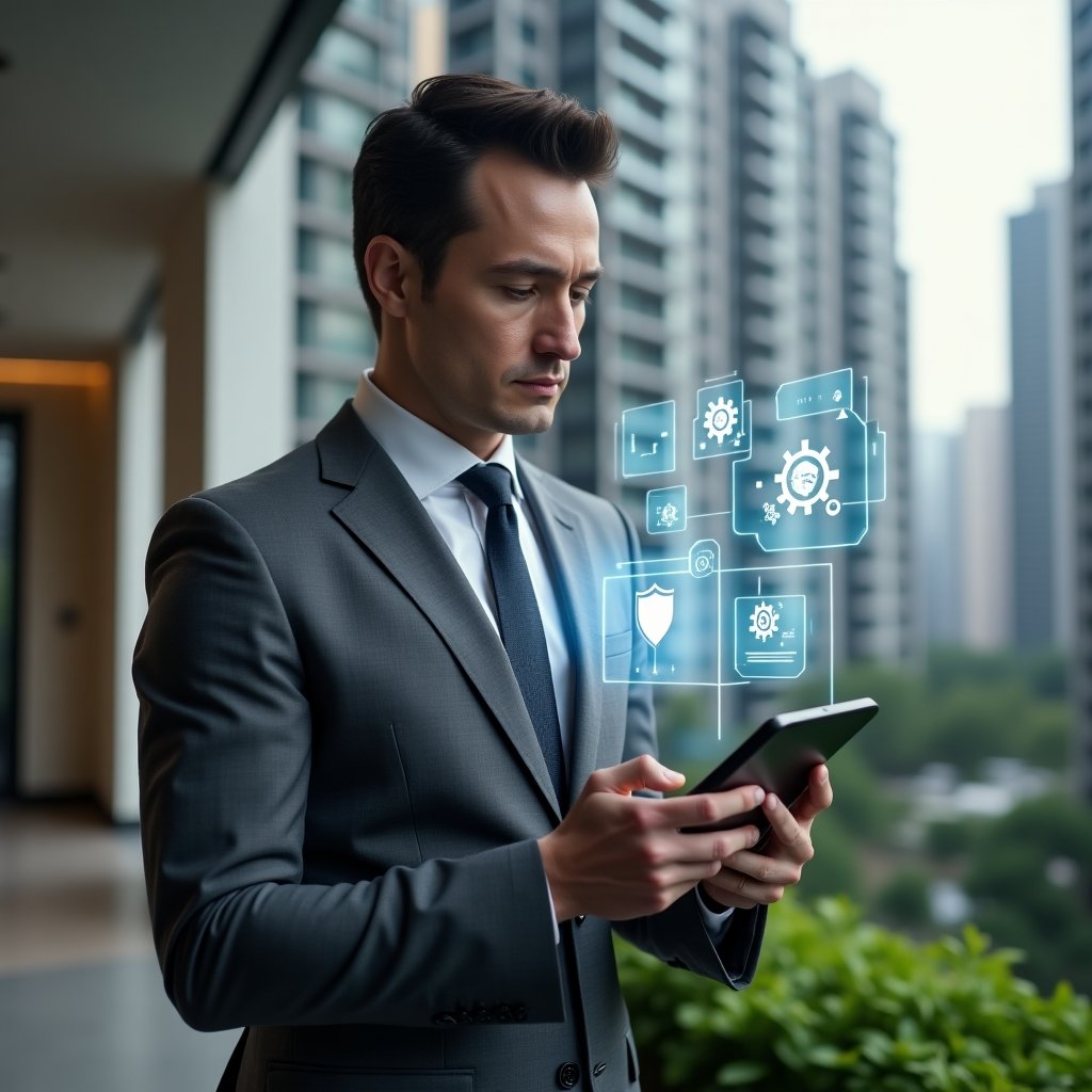 (Ultra-realistic condominium manager in a charcoal gray tailored suit, set in a modern luxury condominium environment with high-rise buildings and green landscaping, holding a digital tablet and interacting with holographic icons of maintenance gears, security shield and chat bubbles, confident and focused expression, cinematic lighting, shallow depth of field, highly detailed textures, realistic skin, photographic realism, 8k resolution --ar 1:1 --v 6)