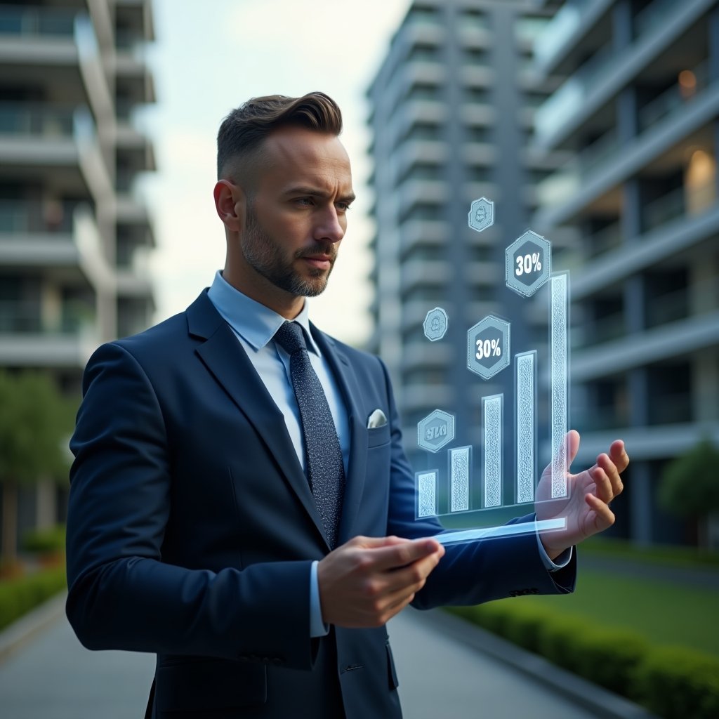 Ultra-realistic condominium manager in a navy blue tailored suit, set in a modern luxury condominium environment with high-rise buildings and manicured green landscaping, analyzing a holographic financial dashboard showing a 30% cost reduction bar graph, holographic icons of coins and gears floating around, confident and focused expression, cinematic lighting, shallow depth of field, highly detailed textures, realistic skin, photographic realism, 8k resolution --ar 1:1 --v 6