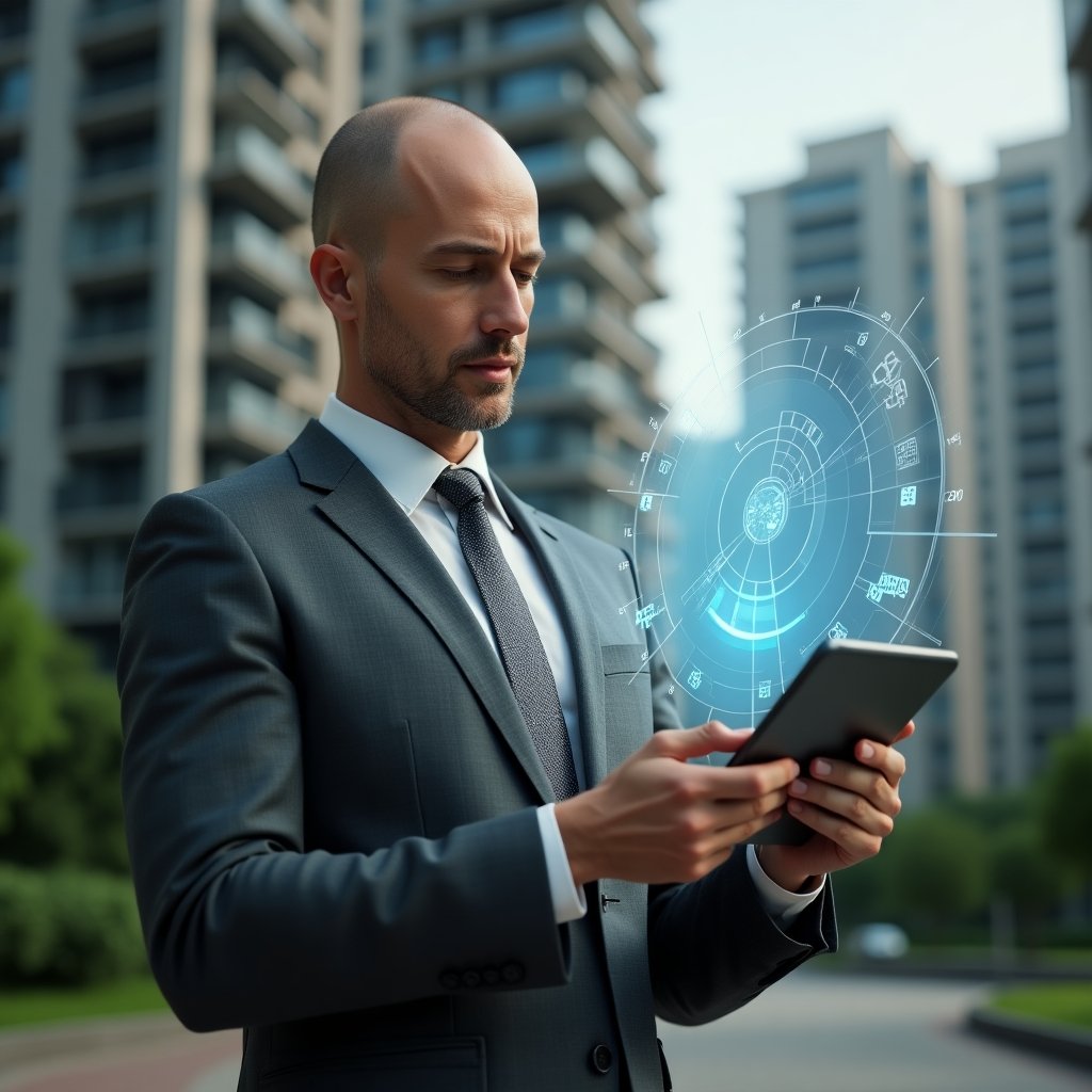 Ultra-realistic condominium manager in a charcoal grey suit, medium shot, set in a modern luxury condominium environment with high-rise buildings and lush green landscaping, analyzing a holographic pie chart of fractional ownership percentages floating above a tablet, thoughtful expression, cinematic lighting, shallow depth of field, highly detailed textures, realistic skin, photographic realism, 8k resolution --ar 1:1 --v 6