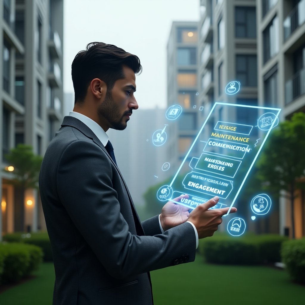 (Ultra-realistic condominium property manager in a charcoal gray tailored suit, set in a modern luxury condominium environment with high-rise buildings and lush green landscaping, mid shot of a thoughtful professional examining a floating holographic checklist displaying icons for communication, finance, maintenance, rules, and engagement errors, futuristic holographic symbols of solutions and efficiency charts surrounding the figure, cinematic lighting, shallow depth of field, highly detailed textures, realistic skin, photographic realism, 8k resolution --ar 1:1 --v 6)