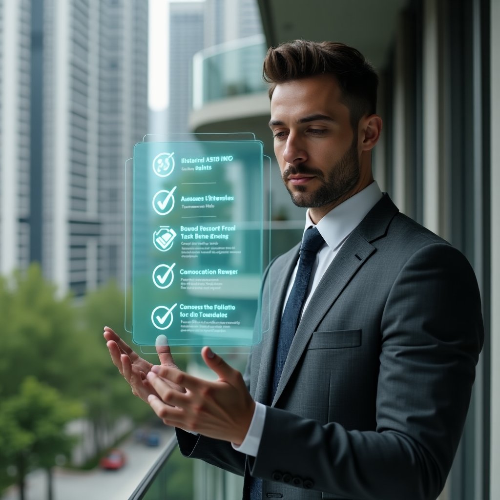 Ultra-realistic condo manager in a charcoal gray tailored suit, set in a modern luxury condominium environment with high-rise buildings and manicured gardens, reviewing a holographic checklist displaying warning icons and green checkmarks on a transparent digital interface, confident and focused expression, cinematic lighting, shallow depth of field, highly detailed textures, realistic skin, photographic realism, 8k resolution --ar 1:1 --v 6
