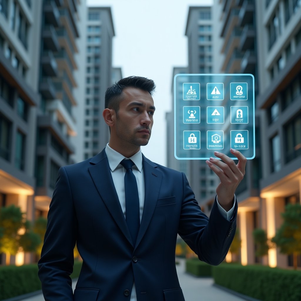 (Ultra-realistic condominium manager in a dark blue tailored suit, set in a modern luxury condominium environment with high-rise glass buildings and manicured green landscaping, examining a floating holographic display of seven warning icons and numbered pitfalls, serious and analytical expression, cinematic lighting, shallow depth of field, highly detailed textures, realistic skin, photographic realism, 8k resolution --ar 1:1 --v 6)