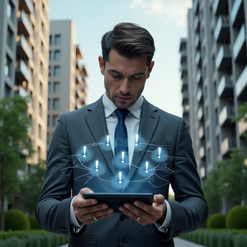 Ultra-realistic condominium manager in a tailored dark grey suit, set in a modern luxury condominium environment with high-rise buildings and lush green landscaping, examining a floating holographic display of seven critical error icons, surrounded by glowing exclamation marks and digital blueprint overlays, confident and thoughtful expression, cinematic lighting, shallow depth of field, highly detailed textures, realistic skin, photographic realism, 8k resolution --ar 1:1 --v 6