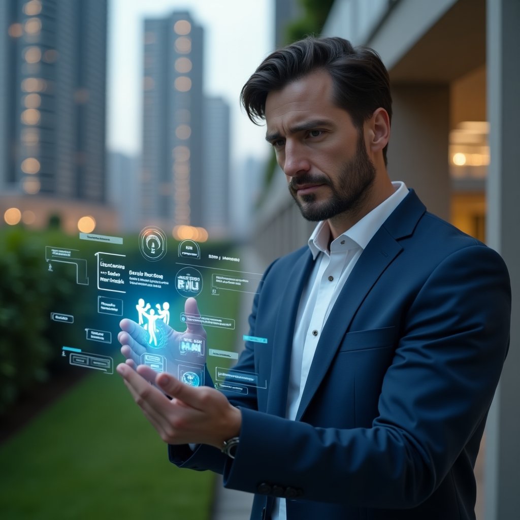 Ultra-realistic condominium manager in a navy blue suit, set in a modern luxury condominium environment with high-rise buildings and manicured green landscaping, analyzing a holographic dashboard displaying error icons and checklists, thoughtful and confident expression, cinematic lighting, shallow depth of field, highly detailed textures, realistic skin, photographic realism, 8k resolution --ar 1:1 --v 6