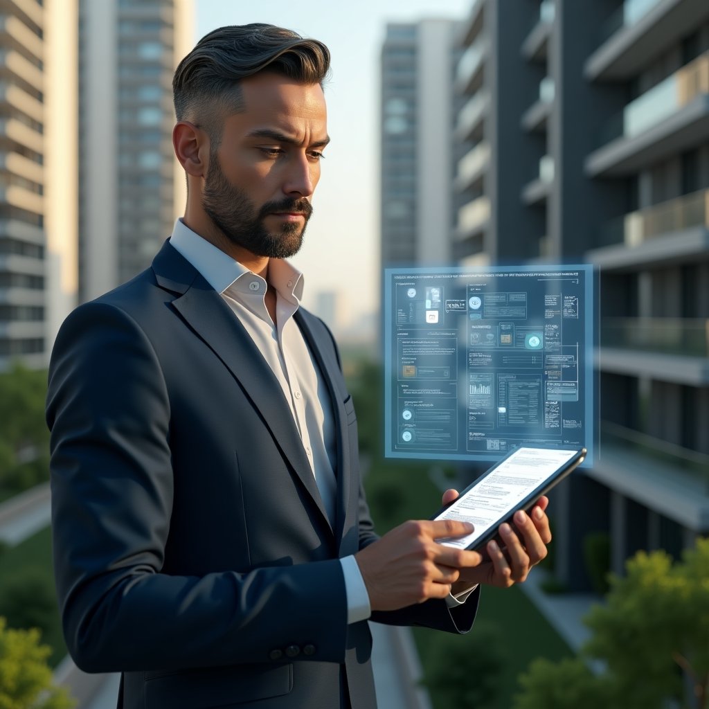 (Ultra-realistic condominium manager in a tailored navy suit, set in a modern luxury condominium environment with high-rise buildings and meticulously landscaped greenery, checking a digital tablet with a floating holographic budget report and caution icons around, expression thoughtful and alert, cinematic lighting, shallow depth of field, highly detailed textures, realistic skin, photographic realism, 8k resolution --ar 1:1 --v 6)