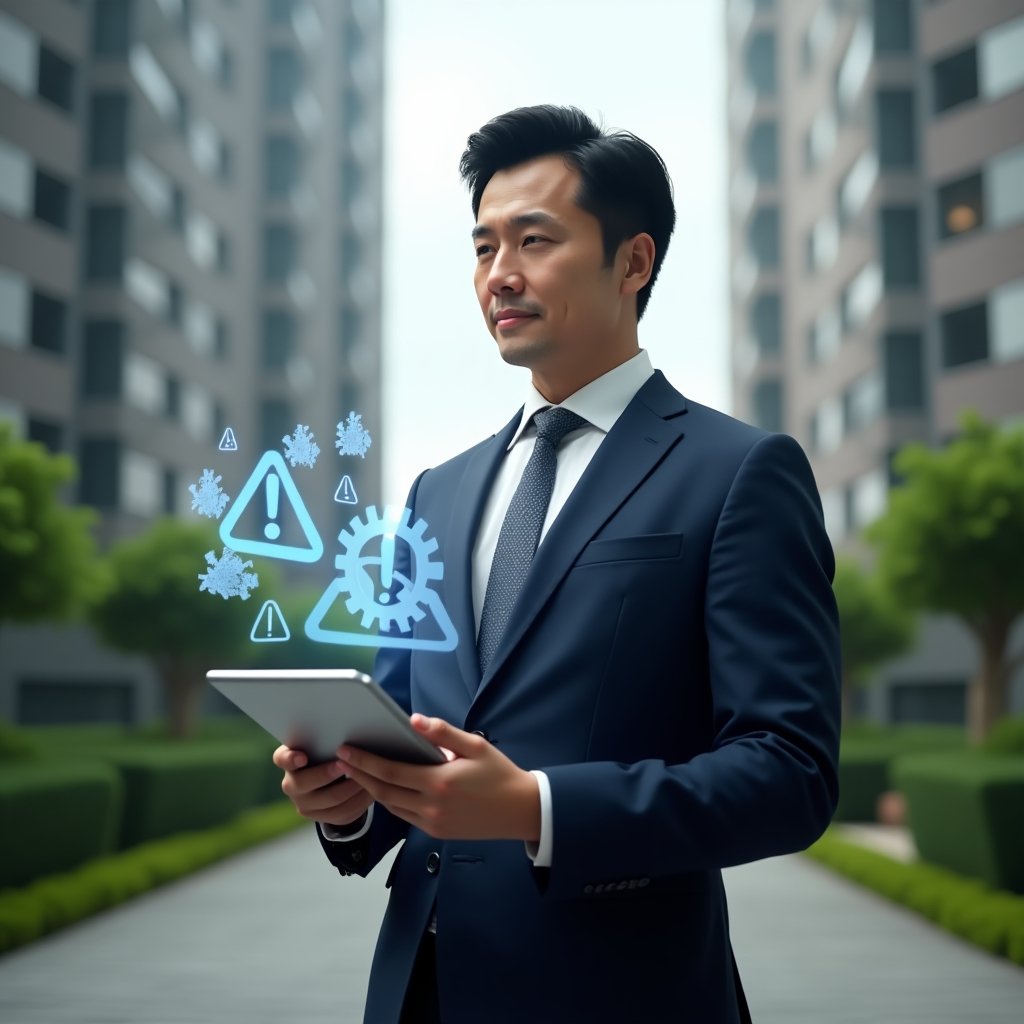 (Ultra-realistic condominium manager in a tailored navy suit, set in a modern luxury condominium environment with high-rise buildings and well-manicured green landscaping, holding a tablet projecting holographic warning icons (exclamation marks, crossed gears, warning triangles) representing common management errors, confident and thoughtful expression, cinematic lighting, shallow depth of field, highly detailed textures, realistic skin, photographic realism, 8k resolution --ar 1:1 --v 6)