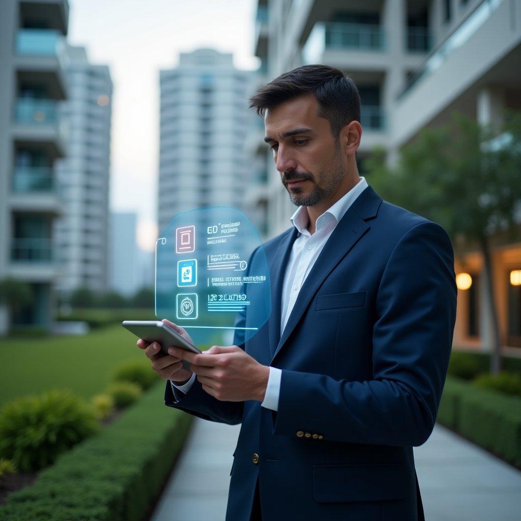 Ultra-realistic condo manager in a navy blue executive suit, set in a modern luxury condominium environment with high-rise buildings and lush green landscaping, confidently holding a tablet projecting holographic app icons and maintenance checklists symbolizing an “aplicativo para condomínio” and an “aplicativo de gestão,” thoughtfully reviewing potential errors, cinematic lighting, shallow depth of field, highly detailed textures, realistic skin, photographic realism, 8k resolution --ar 1:1 --v 6