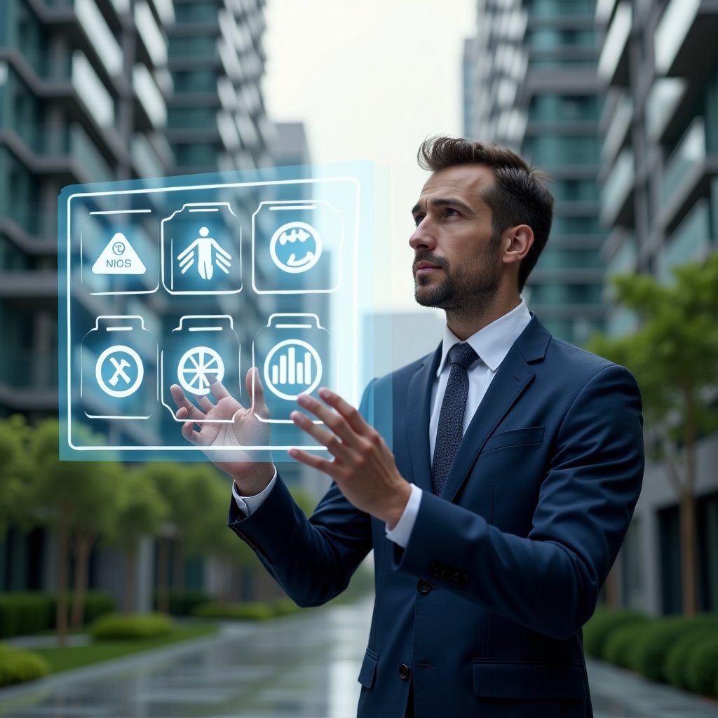 Ultra-realistic condominium manager in a navy blue tailored suit, set in a modern luxury condominium environment with high-rise buildings and lush green landscaping, analyzing a transparent holographic dashboard displaying seven warning icons symbolizing common management mistakes, confident and thoughtful expression, cinematic lighting, shallow depth of field, highly detailed textures, realistic skin, photographic realism, 8k resolution --ar 1:1 --v 6