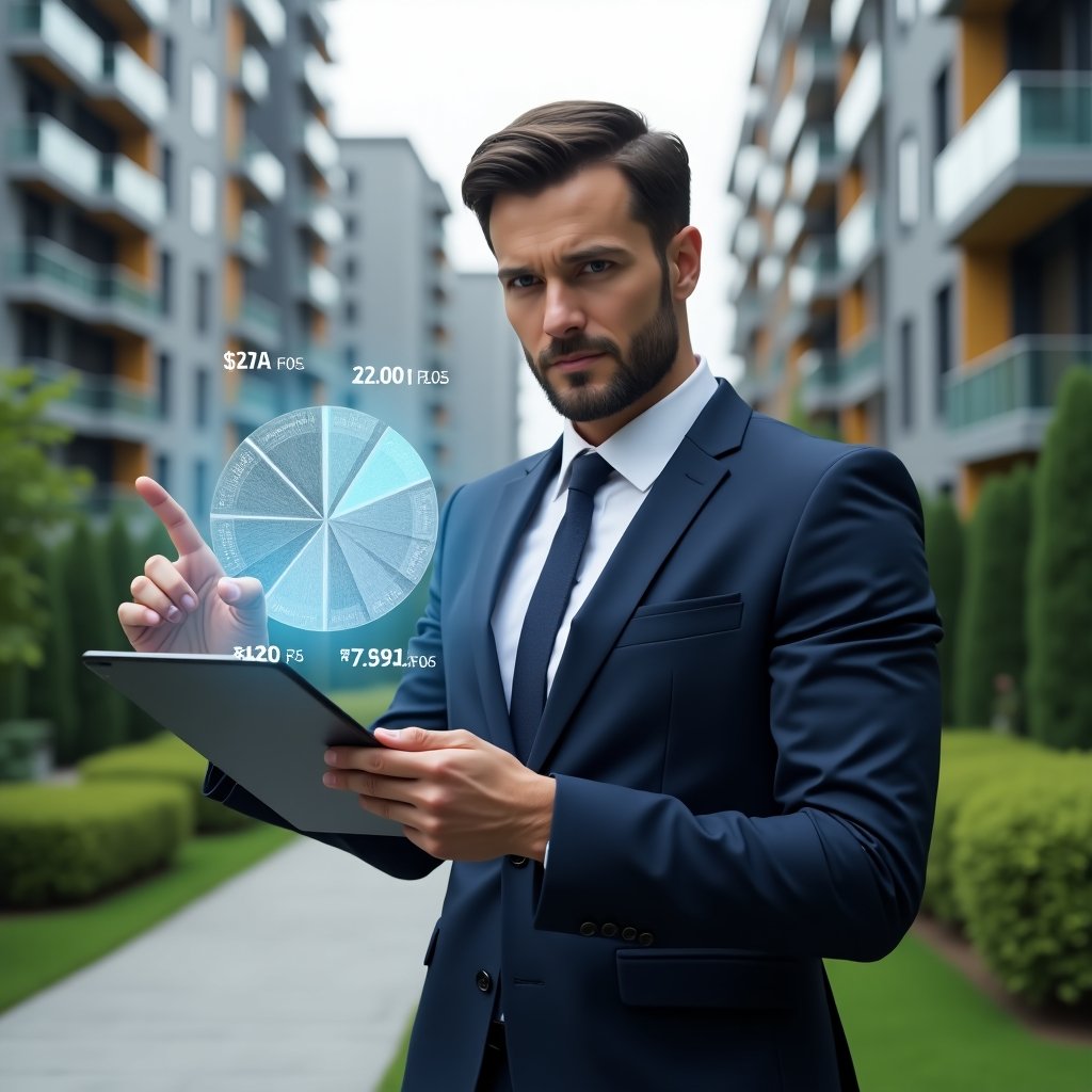 Ultra-realistic condo manager in a tailored navy blue suit, set in a modern luxury condominium environment with high-rise buildings and manicured green landscaping, pointing at a holographic pie-chart overlaid on a digital tablet showing fraction calculations, confident and analytical expression, cinematic lighting, shallow depth of field, highly detailed textures, realistic skin, photographic realism, 8k resolution --ar 1:1 --v 6