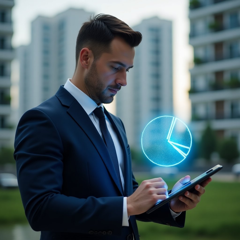 Ultra-realistic condominium manager in a tailored navy blue suit, set in a modern luxury condominium environment with high-rise buildings and green landscaping, analyzing a holographic pie chart of unit fractional distribution projected above a digital tablet with a focused and confident expression, futuristic holographic chart element symbolizing ideal fraction calculation, cinematic lighting, shallow depth of field, highly detailed textures, realistic skin, photographic realism, 8k resolution --ar 1:1 --v 6