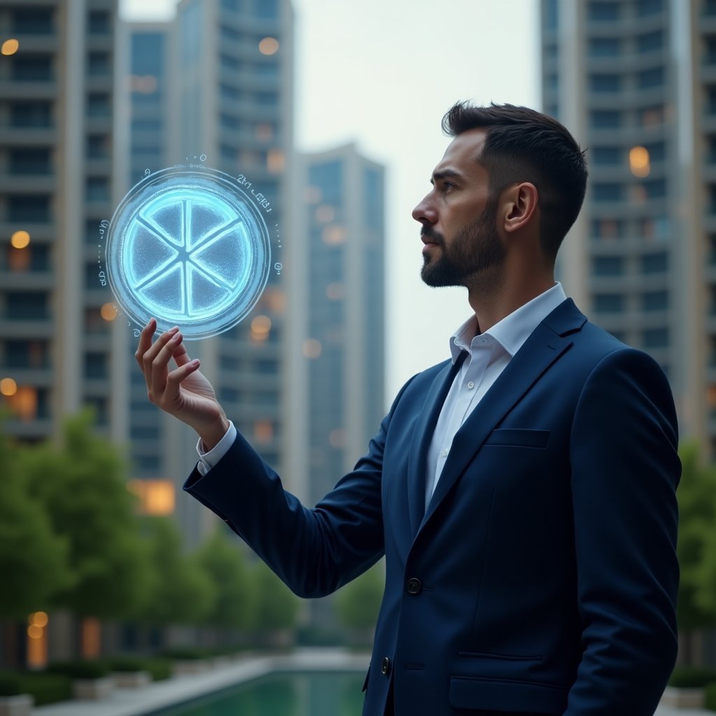 Ultra-realistic condominium manager in a navy blue suit, set in a modern luxury condominium environment with high-rise buildings and green landscaping, thoughtfully analyzing a floating holographic pie chart of ideal fraction calculations, glowing fractional segments and numerical overlays, cinematic lighting, shallow depth of field, highly detailed textures, realistic skin, photographic realism, 8k resolution --ar 1:1 --v 6