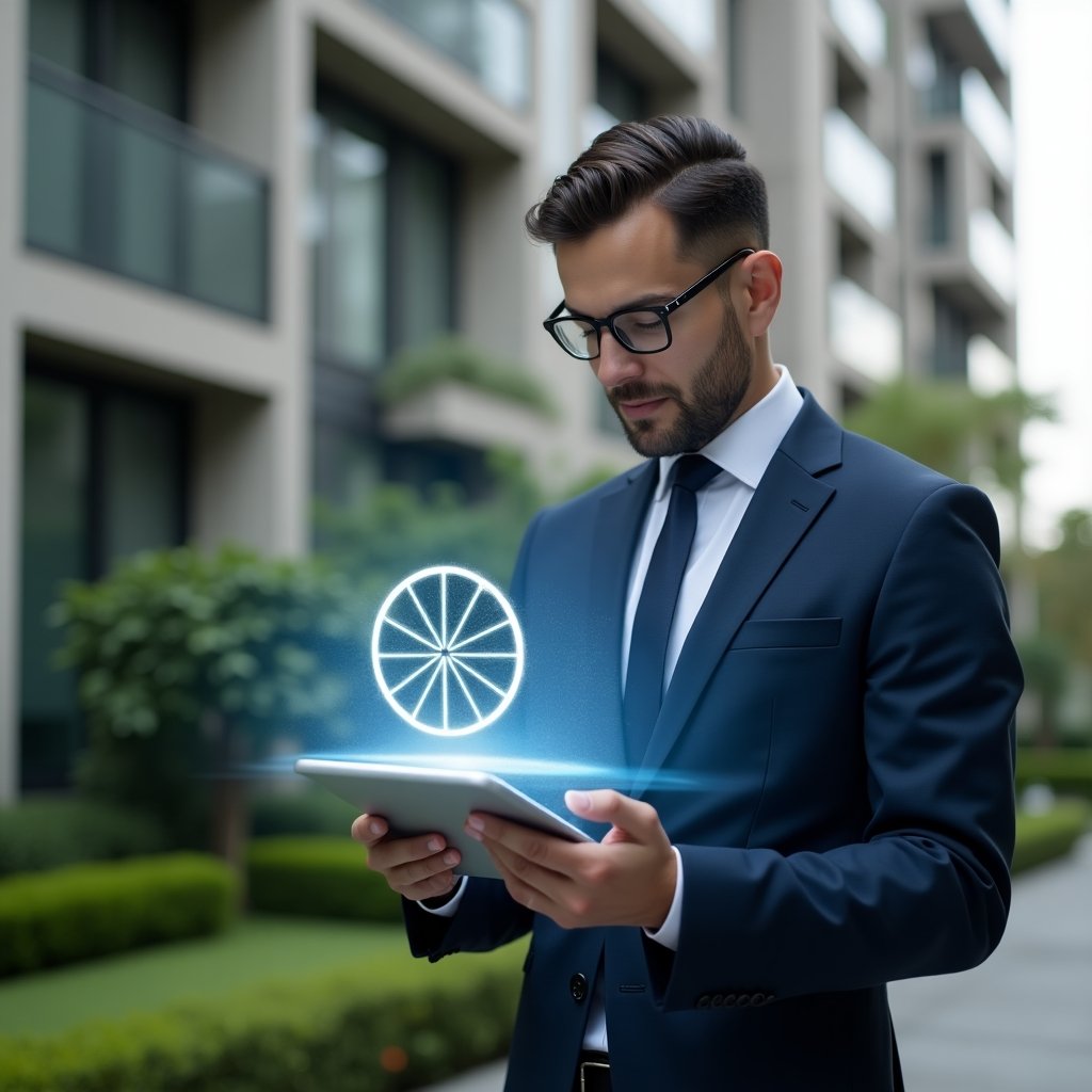 Ultra-realistic condominium manager in a tailored navy blue suit, set in a modern luxury condominium environment with high-rise buildings and lush green landscaping, close-up shot of the manager holding a transparent tablet displaying a holographic pie chart visualizing fraction ideal distributions, thoughtful and confident expression, cinematic lighting, shallow depth of field, highly detailed textures, realistic skin, photographic realism, 8k resolution --ar 1:1 --v 6