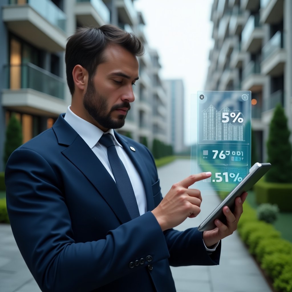(Ultra-realistic condominium manager in a navy blue suit, set in a modern luxury condominium environment with high-rise buildings and manicured green landscaping, analyzing a floating holographic percentage diagram over a tablet, pointing at fractional calculation overlays, focused and analytical expression, cinematic lighting, shallow depth of field, highly detailed textures, realistic skin, photographic realism, 8k resolution --ar 1:1 --v 6)