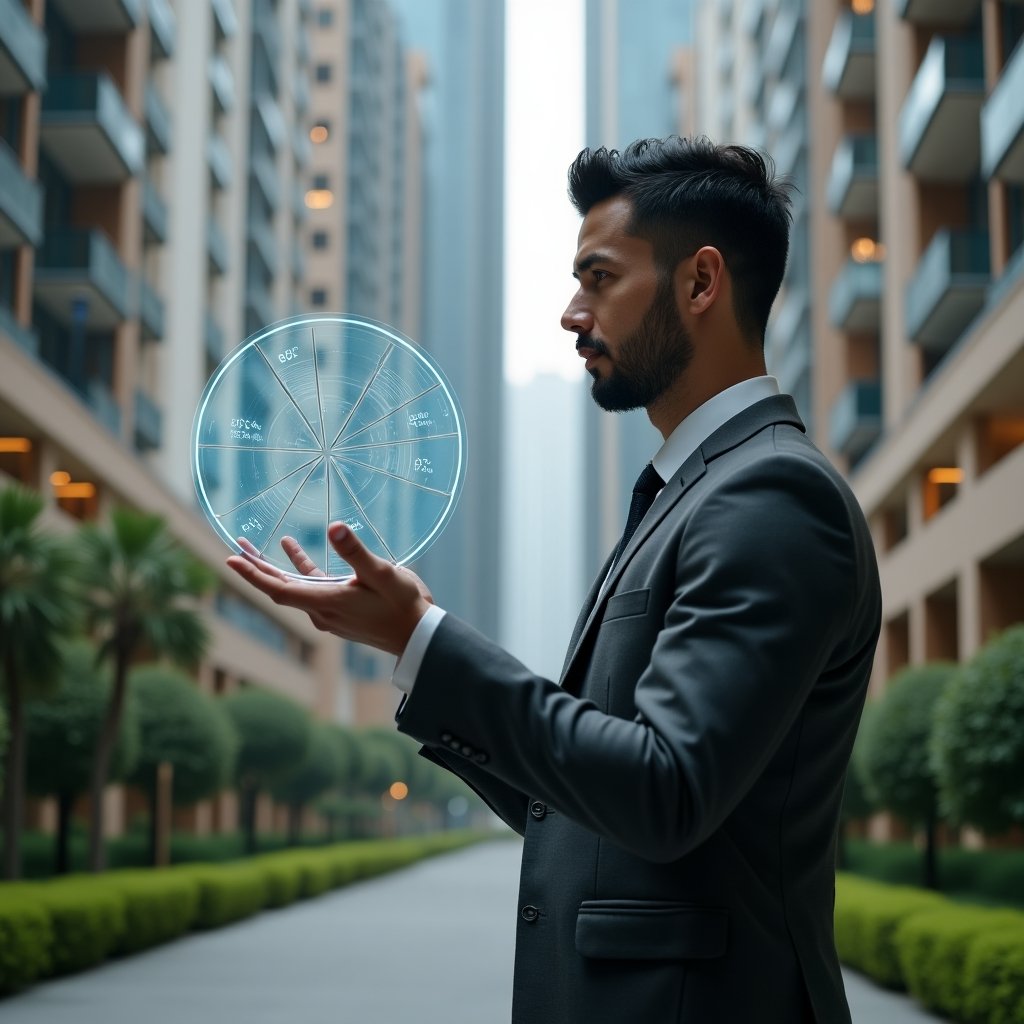 Ultra-realistic condominium manager in a charcoal gray tailored suit, set in a modern luxury condominium environment with high-rise buildings and manicured green landscaping, studying a floating holographic fractional pie chart over a digital floorplan with percentage icons, thoughtful and confident expression, cinematic lighting, shallow depth of field, highly detailed textures, realistic skin, photographic realism, 8k resolution --ar 1:1 --v 6