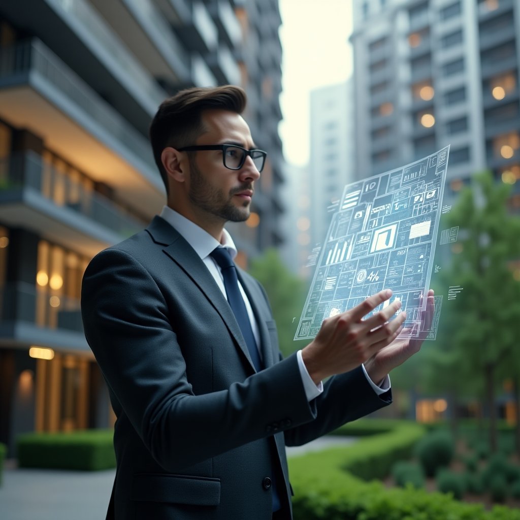 (Ultra-realistic condominium manager in a tailored dark gray suit, set in a modern luxury condominium environment with high-rise buildings and lush green landscaping, medium shot of them analyzing a floating holographic floor plan with highlighted percentage segments representing ideal fractions, holographic charts and numeric data swirling around, confident and thoughtful expression, cinematic lighting, shallow depth of field, highly detailed textures, realistic skin, photographic realism, 8k resolution --ar 1:1 --v 6)