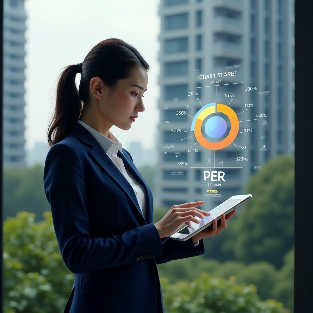 Ultra-realistic condominium manager in a navy blue tailored suit, set in a modern luxury condominium environment with high-rise buildings and meticulously landscaped greenery, confidently examining a holographic pie chart of unit share percentages projected above her tablet, floating icons of fractional divisions and a digital condominium management app orbiting around, cinematic lighting, photographic realism, highly detailed textures, realistic skin, shallow depth of field, 8k resolution --ar 1:1 --v 6