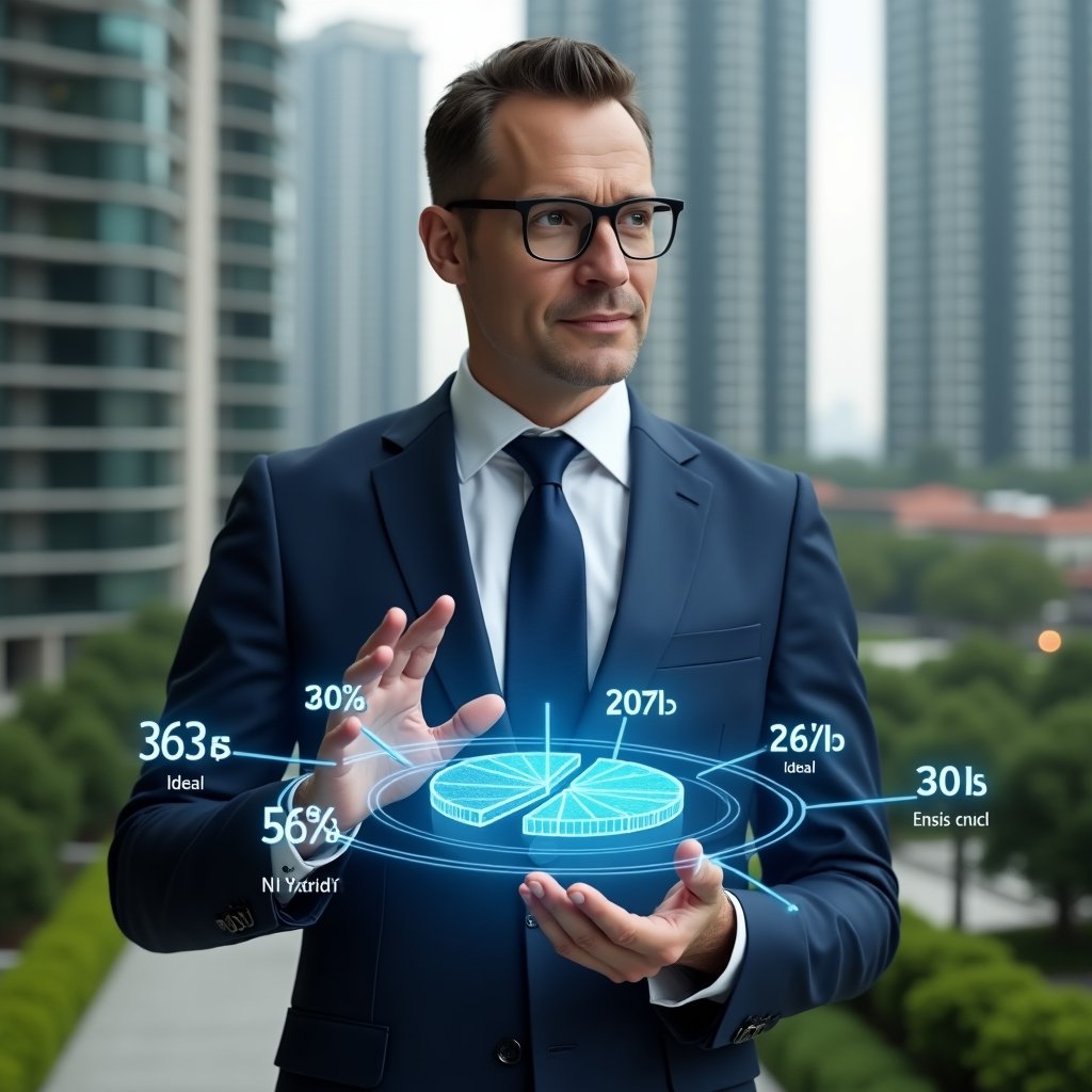 Ultra-realistic condominium manager in a tailored navy blue suit, set in a modern luxury condominium environment with high-rise buildings and lush green landscaping, interacting with a holographic pie chart displaying fractional ideal calculations and cost allocation percentages, floating 3D digital interface elements representing voting weights and app icons, confident analytical expression, cinematic lighting, shallow depth of field, highly detailed textures, realistic skin, photographic realism, 8k resolution --ar 1:1 --v 6