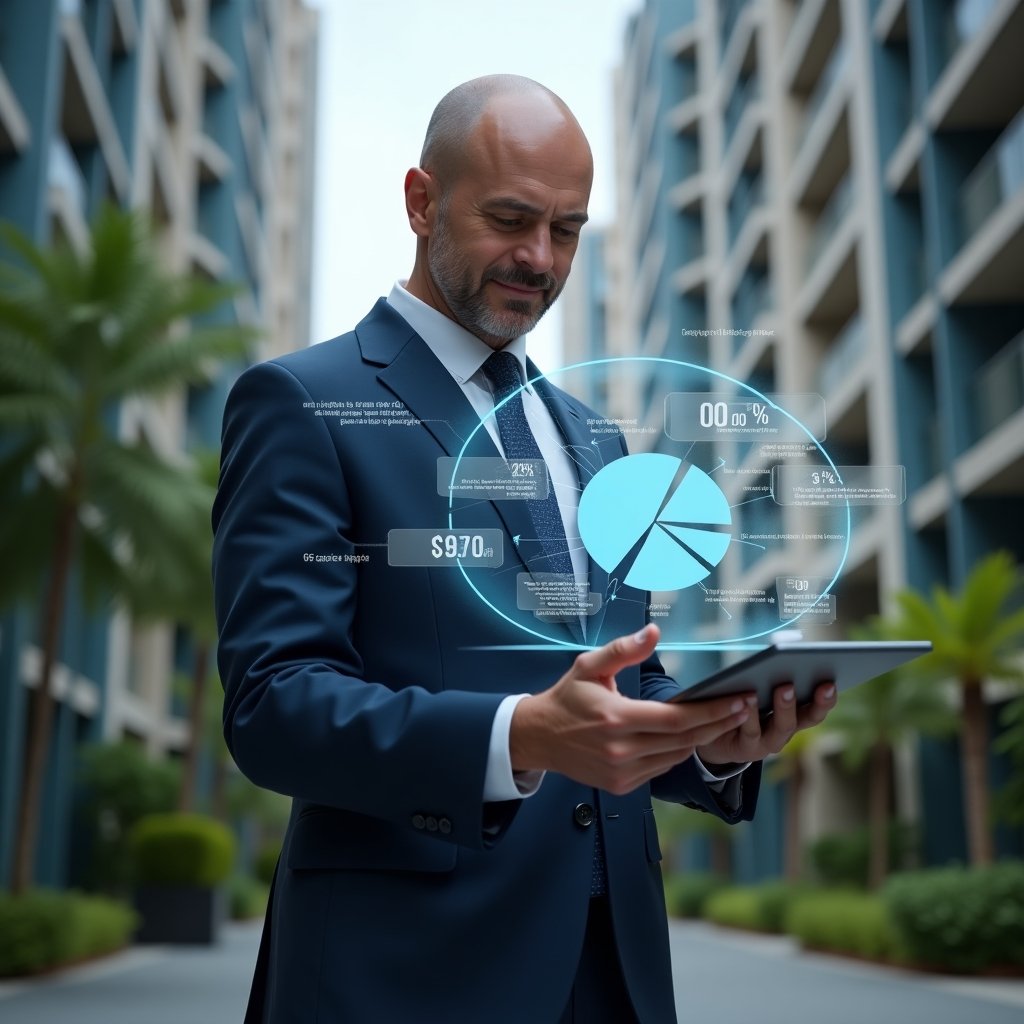 (Ultra-realistic condominium manager in a navy tailored suit, set in a modern luxury condominium environment with high-rise buildings and green landscaping, confidently reviewing a floating holographic pie chart illustrating ideal fraction and expense allocation, digital ledger icons and building floor-plan holograms around, cinematic lighting, shallow depth of field, highly detailed textures, realistic skin, photographic realism, 8k resolution --ar 1:1 --v 6)