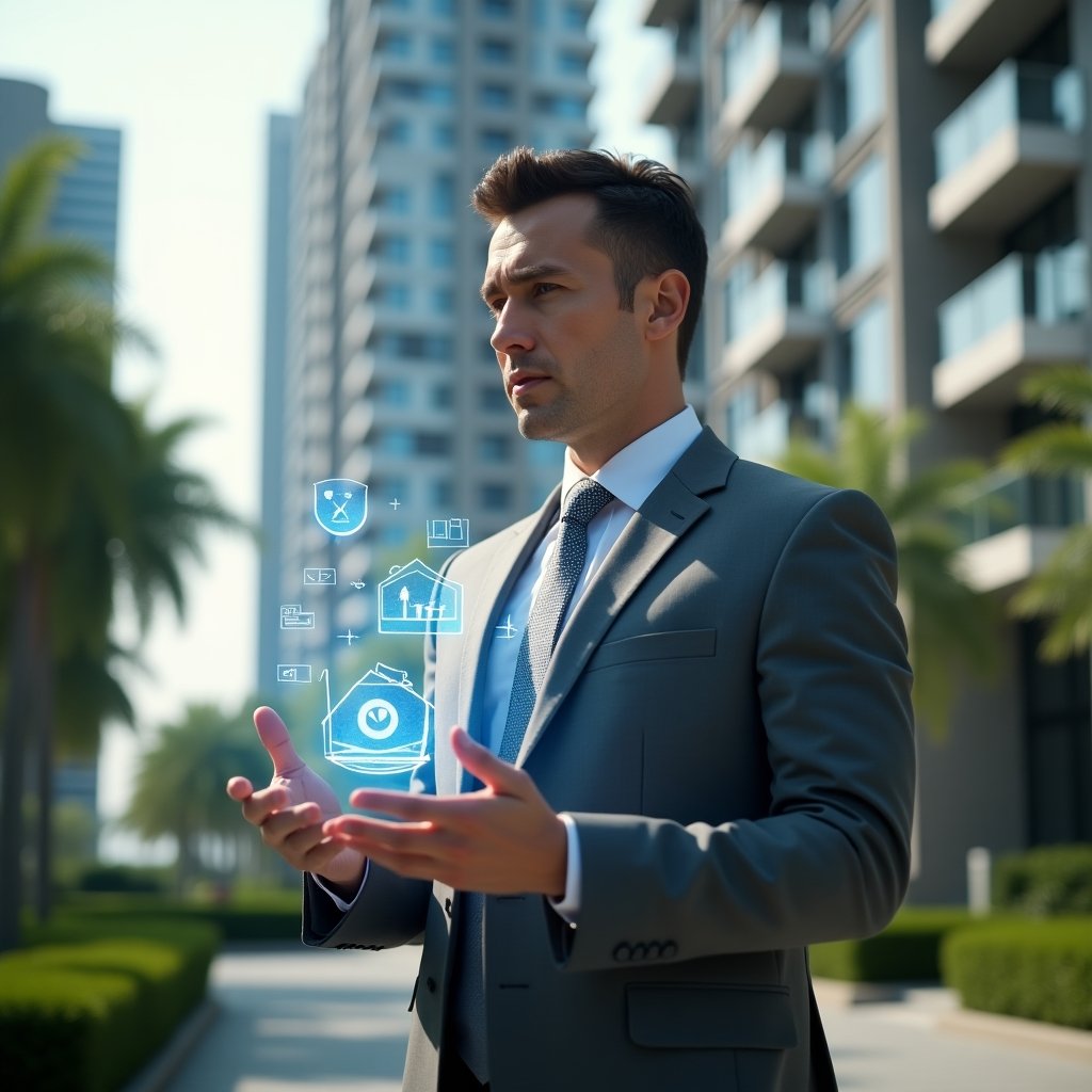 (Ultra-realistic condominium manager in a sleek gray suit, set in a modern luxury condominium environment with high-rise buildings and manicured green landscaping, mid-shot focused on the professional analyzing floating holographic diagrams of property fraction ratios, 3D hologram icons of voting checkmarks and currency symbols, thoughtful and confident expression, cinematic lighting, shallow depth of field, highly detailed textures, realistic skin, photographic realism, 8k resolution --ar 1:1 --v 6)