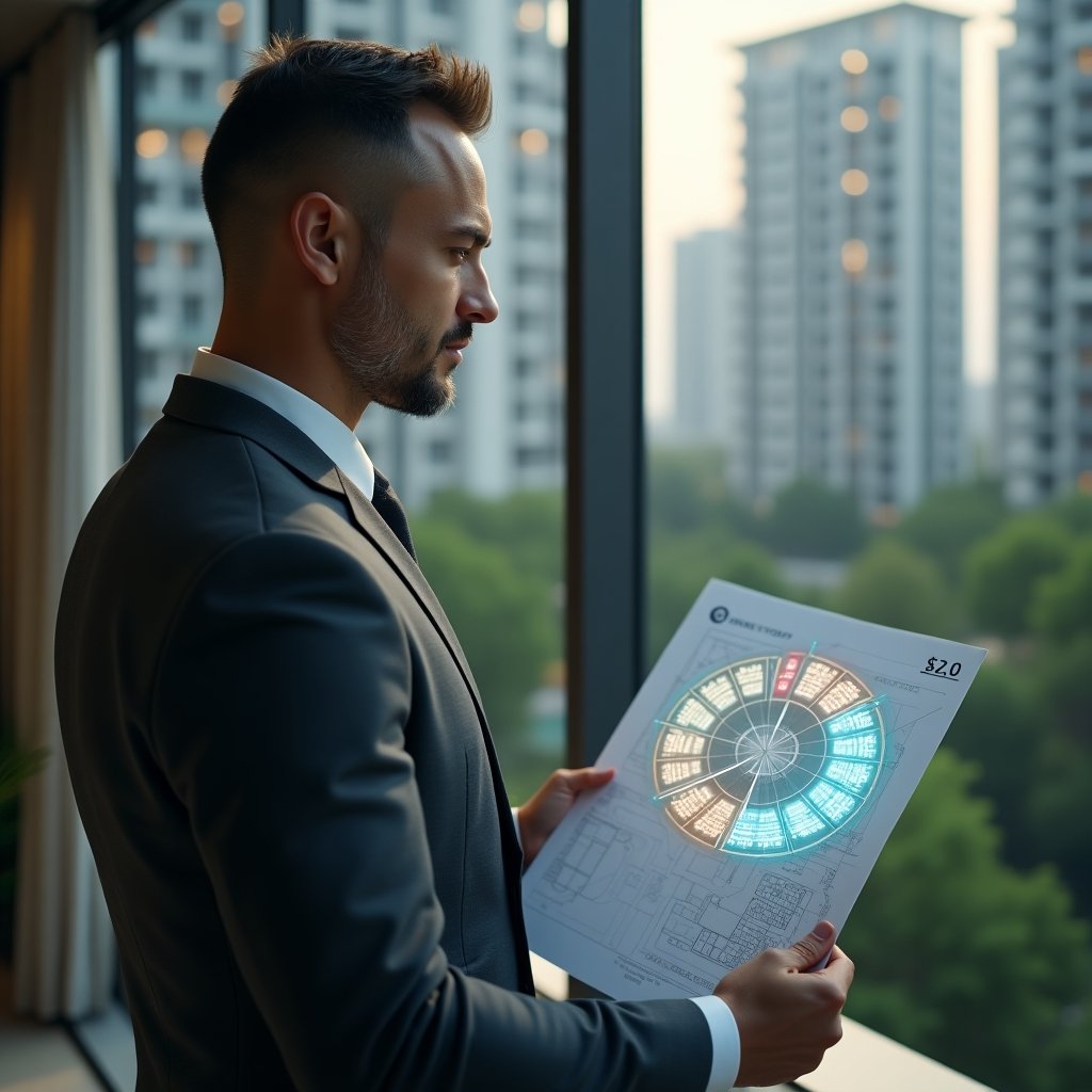 (Ultra-realistic condominium manager in a charcoal gray suit, set in a modern luxury condominium environment with high-rise buildings and lush green landscaping, examining a holographic fractional pie chart overlaying a condo blueprint, thoughtful and confident expression, cinematic lighting, shallow depth of field, highly detailed textures, realistic skin, photographic realism, 8k resolution --ar 1:1 --v 6)
