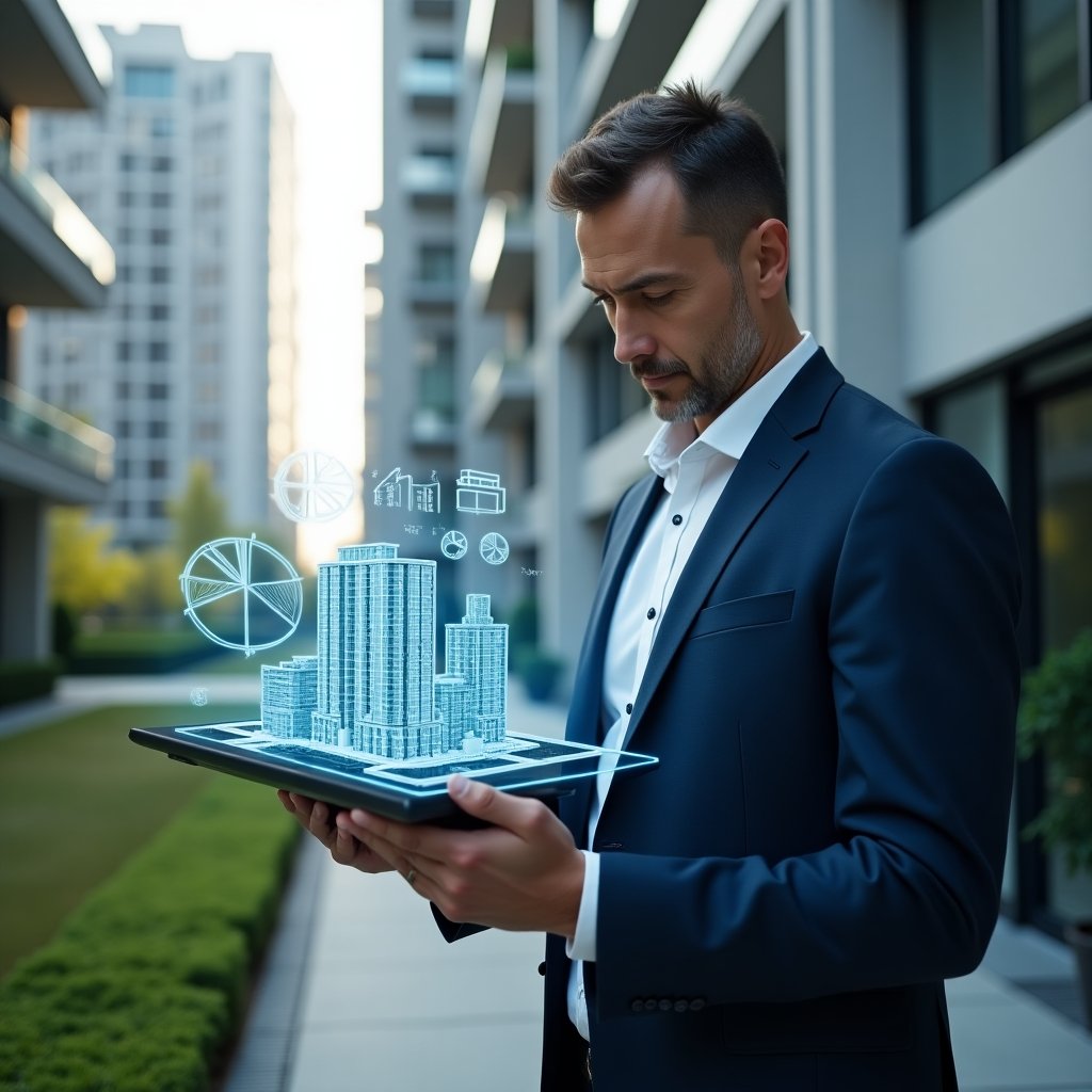 (Ultra-realistic condominium manager in a navy blue suit, set in a modern luxury condominium environment with high-rise buildings and manicured green landscaping, analyzing a holographic 3D building model with fractional overlays and floating pie-chart graphics, thoughtful and confident expression, cinematic lighting, shallow depth of field, highly detailed textures, realistic skin, photographic realism, 8k resolution --ar 1:1 --v 6)