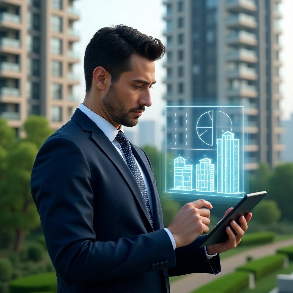 (Ultra-realistic condominium manager in a tailored navy suit, set in a modern luxury condominium environment with high-rise buildings and lush green landscaping, mid-shot of the manager analyzing a holographic fraction chart of property shares projected from a sleek tablet, thoughtful expression, floating 3D fraction diagram and apartment icons beside them, cinematic lighting, shallow depth of field, highly detailed textures, realistic skin, photographic realism, 8k resolution --ar 1:1 --v 6)