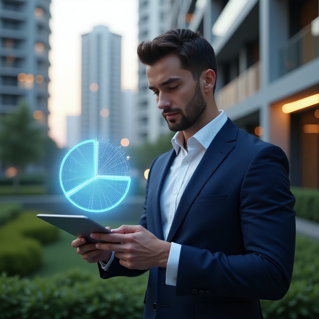 Ultra-realistic condominium manager in a navy blue suit, set in a modern luxury condominium environment with high-rise buildings and lush green landscaping, analyzing a holographic pie chart of unit ownership on a digital tablet with a confident, focused expression, 3D holographic pie chart symbolizing fraction ideal calculations, cinematic lighting, shallow depth of field, highly detailed textures, realistic skin, photographic realism, 8k resolution --ar 1:1 --v 6