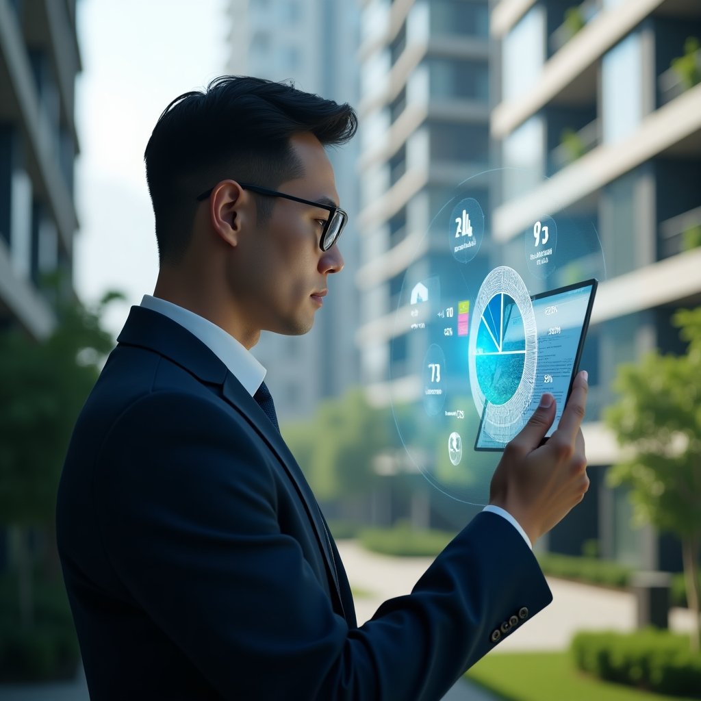 (Ultra-realistic condominium manager in a navy executive suit, set in a modern luxury condominium environment with high-rise buildings and lush green landscaping, medium shot close-up, thoughtfully analyzing a holographic pie chart displaying fractional ideal percentages, floating percentage symbols and building icons around, confident expression, cinematic lighting, shallow depth of field, highly detailed textures, realistic skin, photographic realism, 8k resolution --ar 1:1 --v 6)