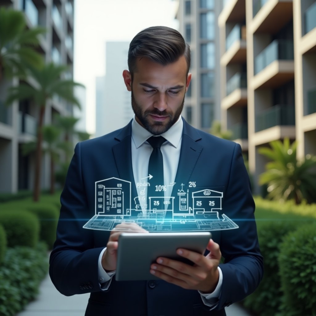 (Ultra-realistic condominium property manager in a tailored navy suit, set in a modern luxury condominium environment with high-rise buildings and lush green landscaping, medium shot of the professional thoughtfully analyzing a tablet projecting holographic percentage figures and floor plan overlays symbolizing “fração ideal,” cinematic lighting, shallow depth of field, highly detailed textures, realistic skin, photographic realism, 8k resolution --ar 1:1 --v 6)