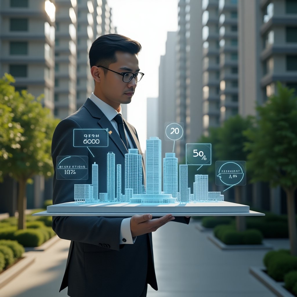 (Ultra-realistic condominium manager in a tailored charcoal gray suit, set in a modern luxury condominium environment with high-rise buildings and well-maintained green landscaping, analyzing a holographic 3D model of apartment units with floating percentage overlays and a pie‐chart hologram representing fraction ideal calculations, confident expression, cinematic lighting, shallow depth of field, highly detailed textures, realistic skin, photographic realism, 8k resolution --ar 1:1 --v 6)