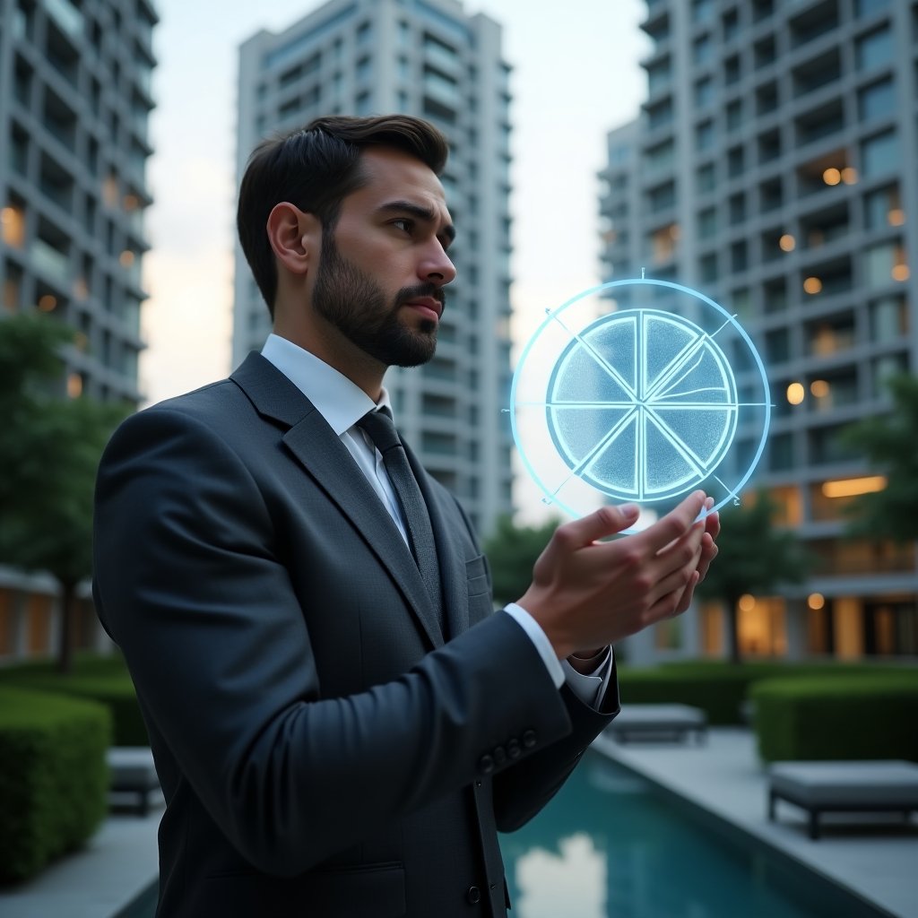 Ultra-realistic condominium manager in a charcoal gray tailored suit, set in a modern luxury condominium environment with high-rise glass towers and meticulously landscaped green areas, medium shot close-up, analyzing a glowing holographic pie chart overlay that represents ideal fraction values against building silhouettes, expression thoughtful and confident, cinematic lighting, shallow depth of field, highly detailed textures, realistic skin, photographic realism, 8k resolution --ar 1:1 --v 6