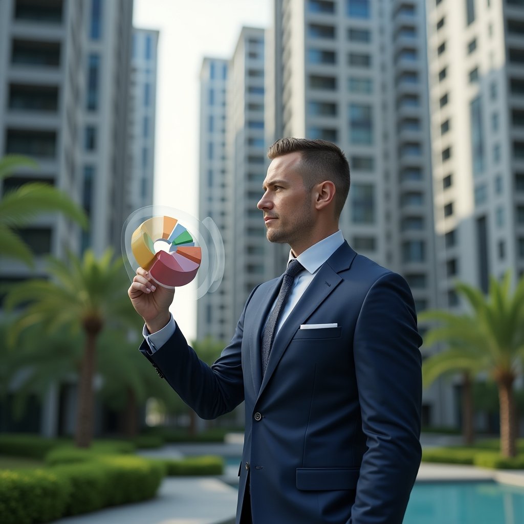 (Ultra-realistic condominium manager in a navy blue tailored suit, set in a modern luxury condominium environment with high-rise buildings and lush green landscaping, standing in a confident pose while interacting with a floating holographic pie chart illustrating fair cost distribution among units, cinematic lighting, shallow depth of field, highly detailed textures, realistic skin, photographic realism, 8k resolution --ar 1:1 --v 6)