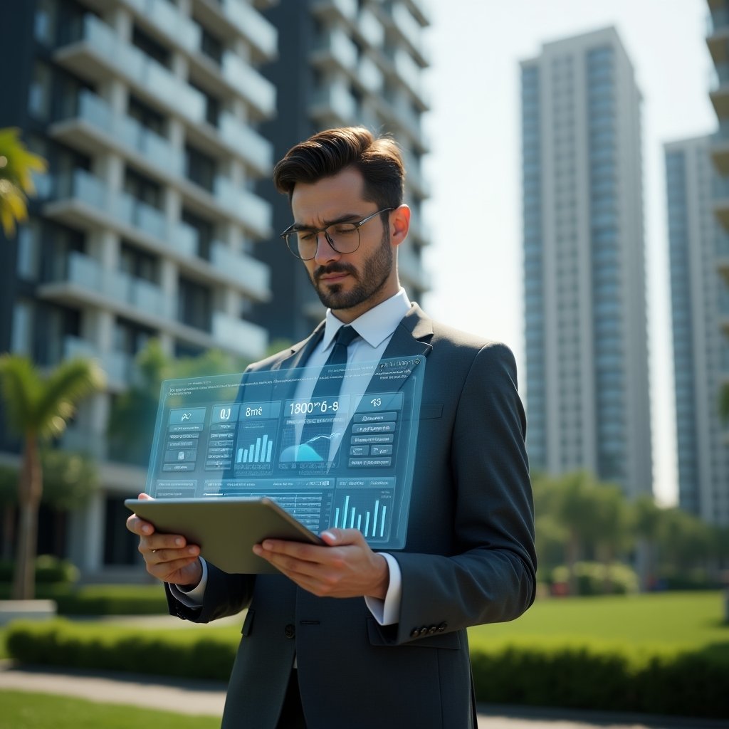 Ultra-realistic condominium manager in a charcoal gray tailored suit, set in a modern luxury condominium environment with high-rise buildings and lush green landscaping, medium shot of the manager reviewing a floating holographic ledger displaying categorized financial reports and charts, confident and focused expression, digital icons of documents and graphs symbolizing transparency and efficiency, cinematic lighting, shallow depth of field, highly detailed textures, realistic skin, photographic realism, 8k resolution --ar 1:1 --v 6