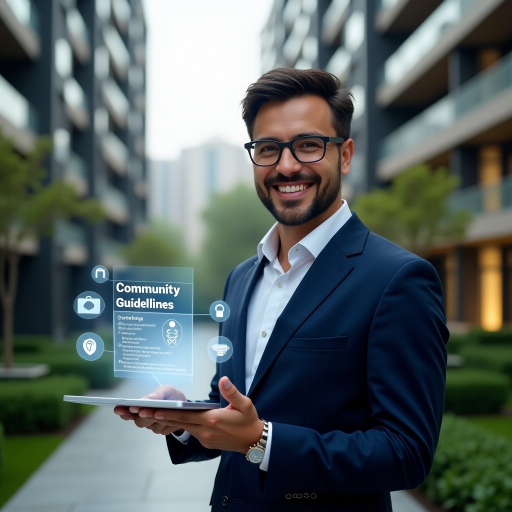 Ultra-realistic professional condominium manager in a tailored navy blue suit, set in a modern luxury condominium environment with high-rise buildings and manicured green landscaping, medium shot of the manager holding a digital tablet displaying a holographic community guidelines interface and floating icons of chat bubbles and a handshake, confident and welcoming expression, cinematic lighting, shallow depth of field, highly detailed textures, realistic skin, photographic realism, 8k resolution --ar 1:1 --v 6