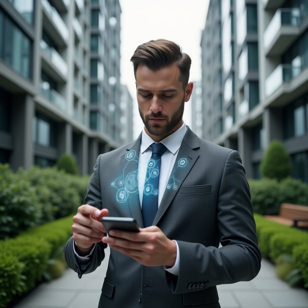 Ultra-realistic condominium manager in a tailored charcoal gray suit, set in a modern luxury condominium environment with high-rise glass buildings and manicured green landscaping, mid shot holding a smartphone projecting holographic aplicativo para condomínio interface with floating icons for communication, finance and scheduling, confident and focused expression, cinematic lighting, shallow depth of field, highly detailed textures, realistic skin, photographic realism, 8k resolution --ar 1:1 --v 6