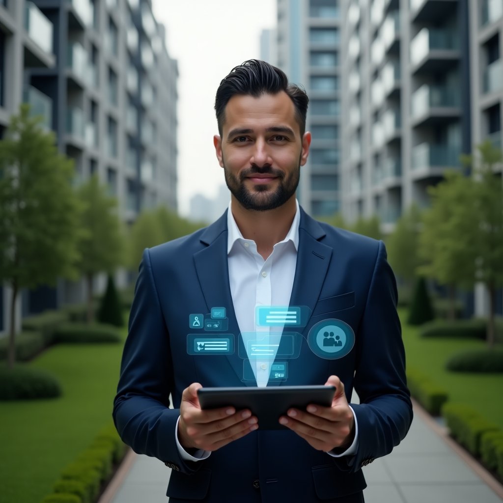 Ultra-realistic condominium manager in a tailored navy suit, set in a modern luxury condominium environment with high-rise buildings and manicured green landscaping, mid-shot holding a tablet with floating holographic chat bubbles and notification icons symbolizing streamlined communication, confident and approachable expression, cinematic lighting, shallow depth of field, highly detailed textures, realistic skin, photographic realism, 8k resolution --ar 1:1 --v 6