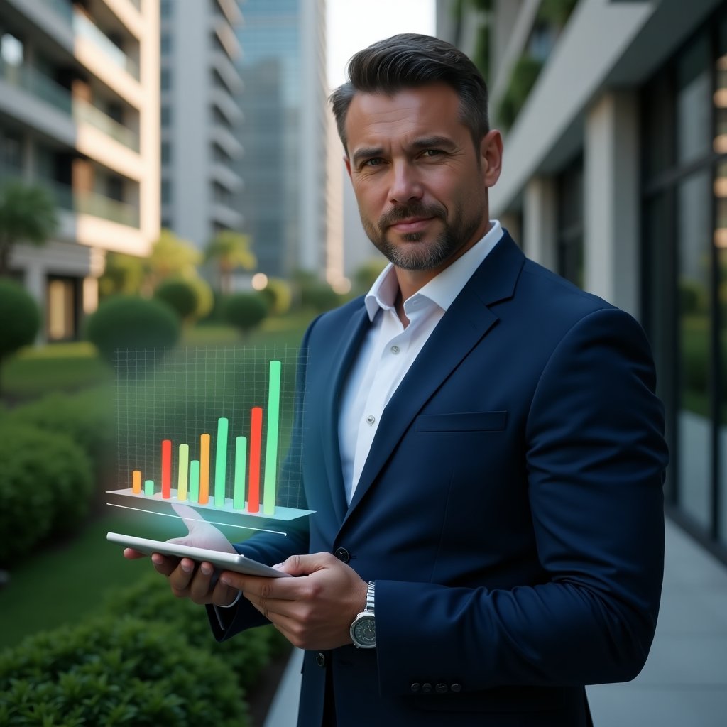 (Ultra-realistic condominium manager in a navy blue suit, set in a modern luxury condominium environment with high-rise buildings and lush green landscaping, holding a tablet displaying a holographic debt-recovery chart with rising green bars and falling red bars, confident and focused expression, cinematic lighting, shallow depth of field, highly detailed textures, realistic skin, photographic realism, 8k resolution --ar 1:1 --v 6)