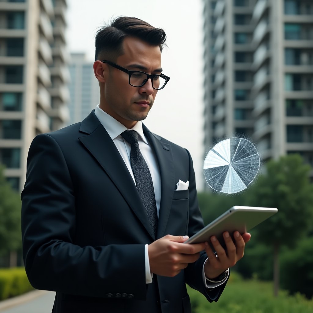Ultra-realistic condominium manager in a dark tailored suit, set in a modern luxury condominium environment with high-rise buildings and green landscaping, holding a tablet and interacting with a floating holographic pie chart representing fraction ideal calculations, confident and focused expression, cinematic lighting, shallow depth of field, highly detailed textures, realistic skin, photographic realism, 8k resolution --ar 1:1 --v 6