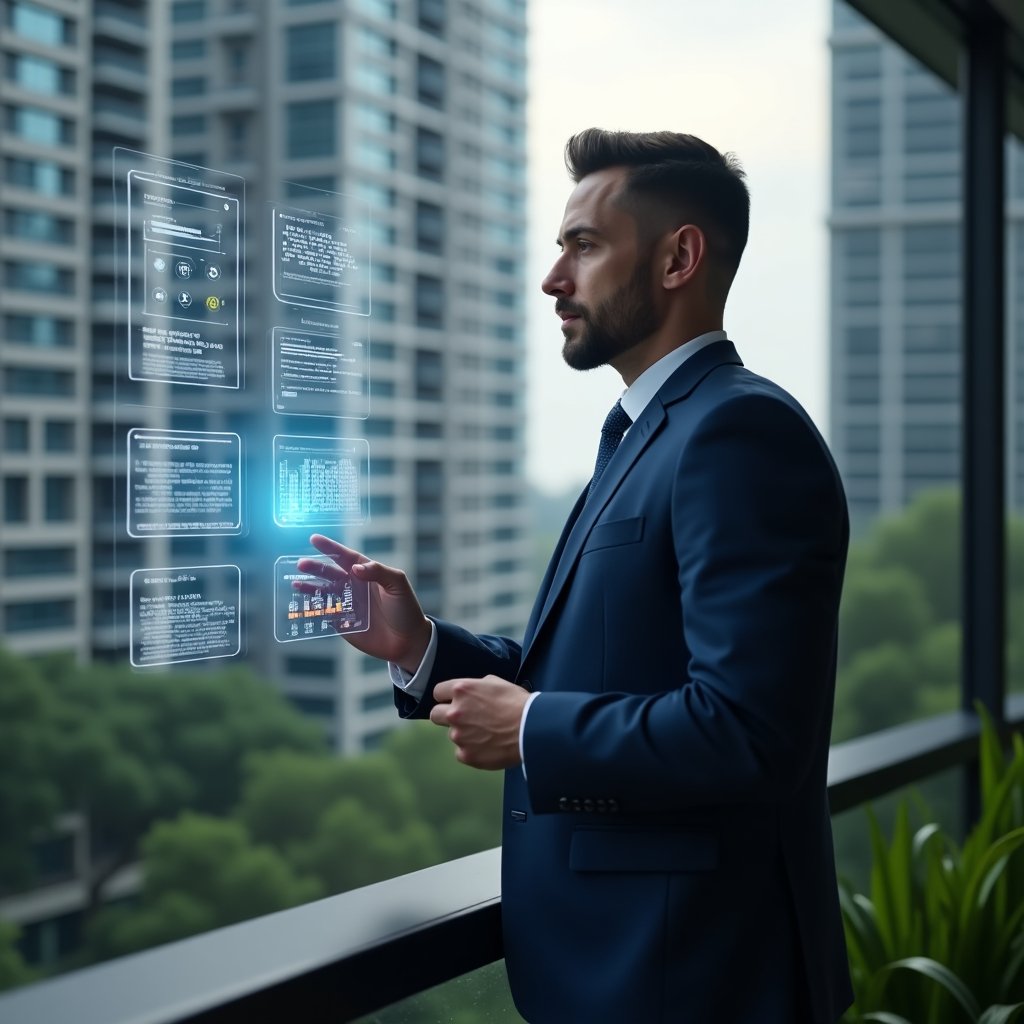 Ultra-realistic condominium manager in a dark blue suit, set in a modern luxury condominium environment with high-rise buildings and green landscaping, reviewing a floating holographic dashboard of financial analytics and maintenance schedules, thoughtful expression, holographic icons of notifications and chat bubbles orbiting around, cinematic lighting, shallow depth of field, highly detailed textures, realistic skin, photographic realism, 8k resolution --ar 1:1 --v 6