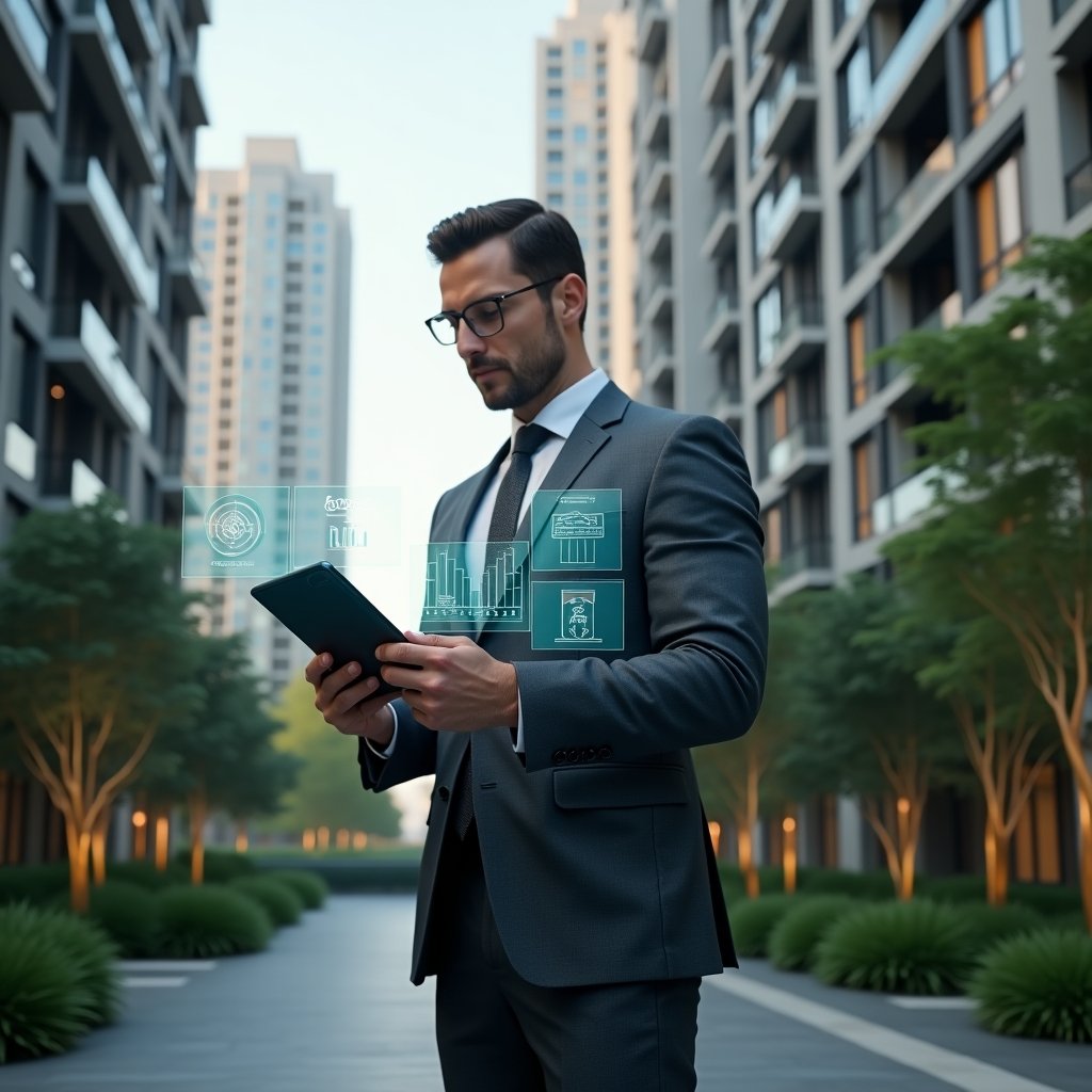 (Ultra-realistic condominium manager in a charcoal gray suit, set in a modern luxury condominium environment with high-rise buildings and lush green landscaping, mid-shot confidently analyzing holographic financial charts projected from a tablet, floating transparent ledgers symbolizing flawless accounting transparency, cinematic lighting, shallow depth of field, highly detailed textures, realistic skin, photographic realism, 8k resolution --ar 1:1 --v 6)