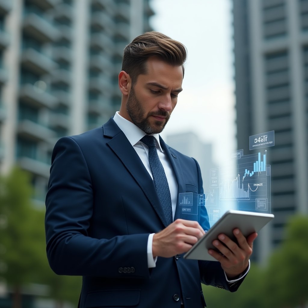 (Ultra-realistic condominium manager in a navy blue tailored suit, set in a modern luxury condominium environment with high-rise buildings and green landscaping, reviewing digital financial reports on a transparent touchscreen tablet with holographic charts and graphs floating around, confident and focused expression, cinematic lighting, shallow depth of field, highly detailed textures, realistic skin, photographic realism, 8k resolution --ar 1:1 --v 6)