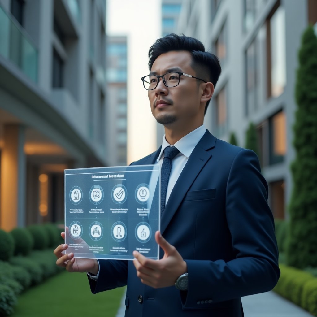 (Ultra-realistic condominium manager in a navy blue suit, set in a modern luxury condominium environment with high-rise buildings and manicured green landscaping, medium shot focusing on the professional with the background softly blurred, holding a transparent holographic financial dashboard highlighting seven error icons, thoughtful and confident expression, cinematic lighting, shallow depth of field, highly detailed textures, realistic skin, photographic realism, 8k resolution --ar 1:1 --v 6)