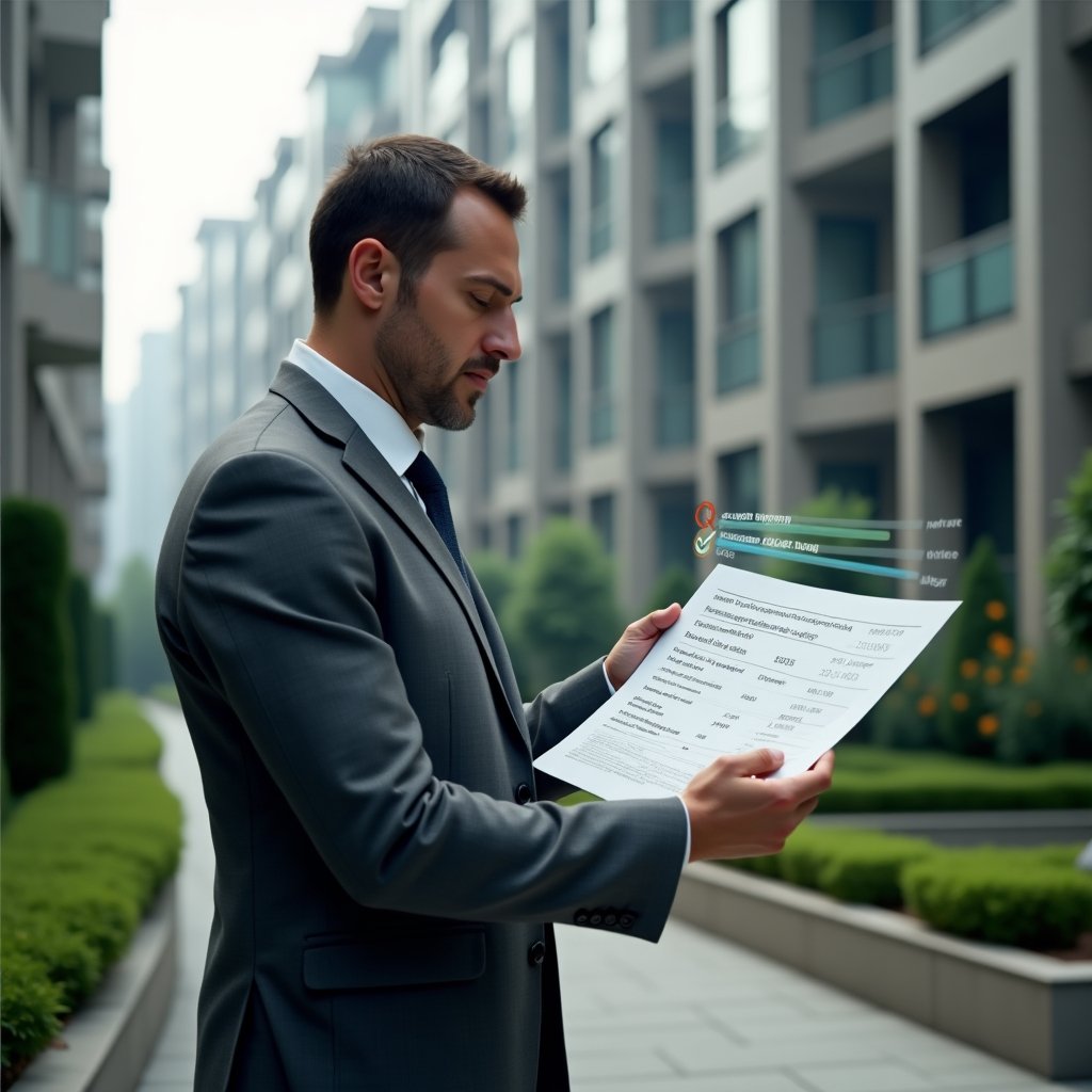 Ultra-realistic condominium property manager in a tailored charcoal gray suit, set in a modern luxury condominium environment with high-rise buildings and manicured green landscaping, examining a holographic financial spreadsheet with highlighted corrections and error icons turning into checkmarks, focused and analytical expression, cinematic lighting, shallow depth of field, highly detailed textures, realistic skin, photographic realism, 8k resolution --ar 1:1 --v 6