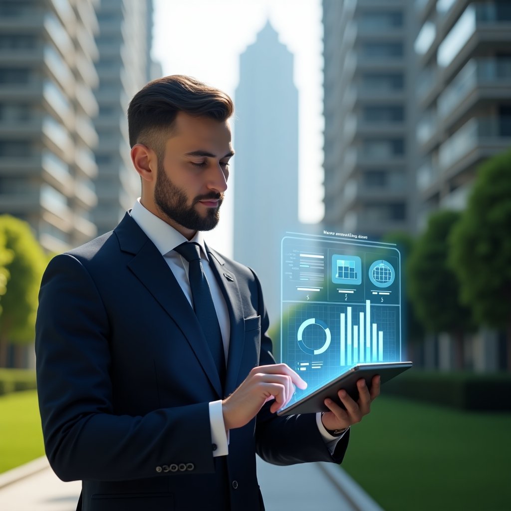 (Ultra-realistic condominium manager in a sharp navy blue suit, set in a modern luxury condominium environment with high-rise buildings and meticulously landscaped green areas, reviewing a transparent holographic financial report displayed on a digital tablet, floating bar charts and pie graphs symbolizing clear and transparent accounting, confident and focused expression, cinematic lighting, shallow depth of field, highly detailed textures, realistic skin, photographic realism, 8k resolution --ar 1:1 --v 6)