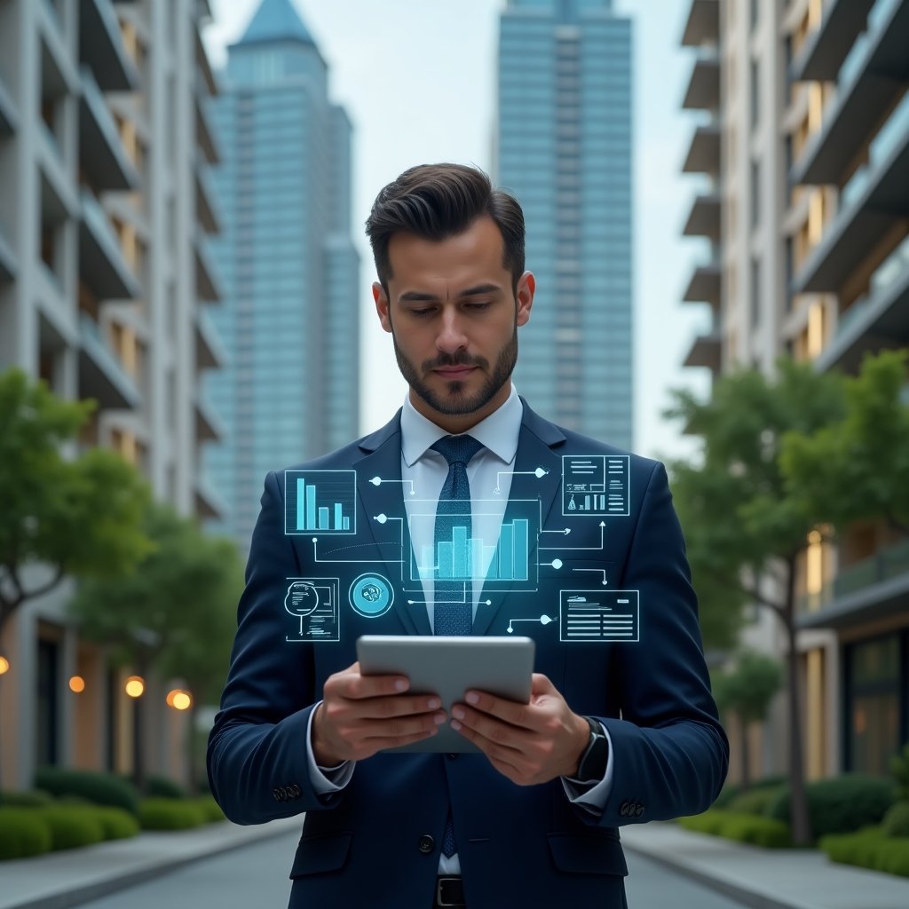 Ultra-realistic condominium manager in a tailored navy-blue suit, set in a modern luxury condominium environment with high-rise buildings and lush green landscaping, holding a tablet projecting floating holographic financial reports and charts, surrounded by transparent spreadsheet and bar-graph icons, confident analytical expression, cinematic lighting, shallow depth of field, highly detailed textures, realistic skin, photographic realism, 8k resolution --ar 1:1 --v 6