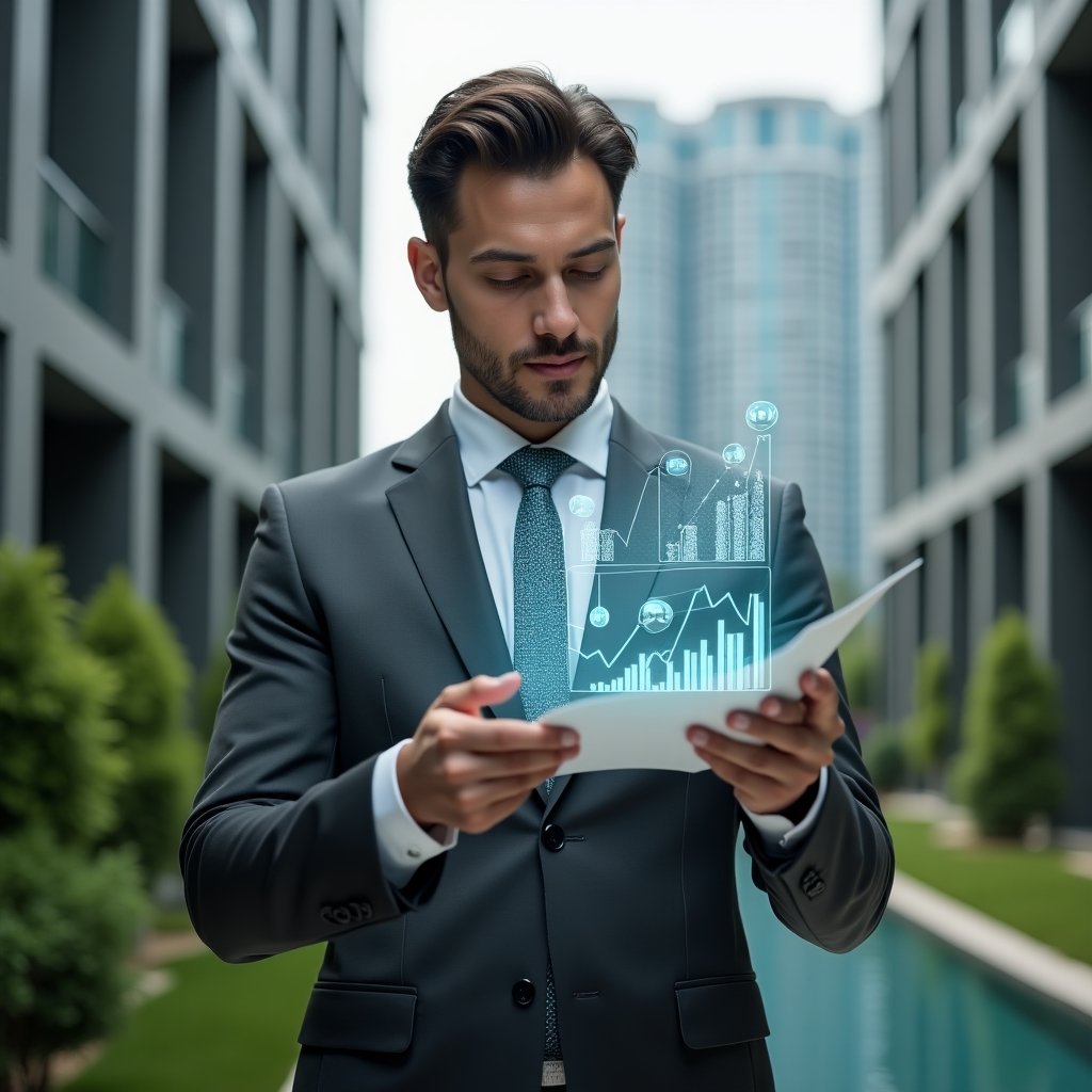 Ultra-realistic condominium manager in a sleek charcoal gray suit, set in a modern luxury condominium environment with high-rise buildings and manicured green landscaping, holding and examining a holographic financial report with floating charts and graphs, confident and thoughtful expression, translucent ledger icons symbolizing transparency and efficiency, cinematic lighting, shallow depth of field, highly detailed textures, realistic skin, photographic realism, 8k resolution --ar 1:1 --v 6