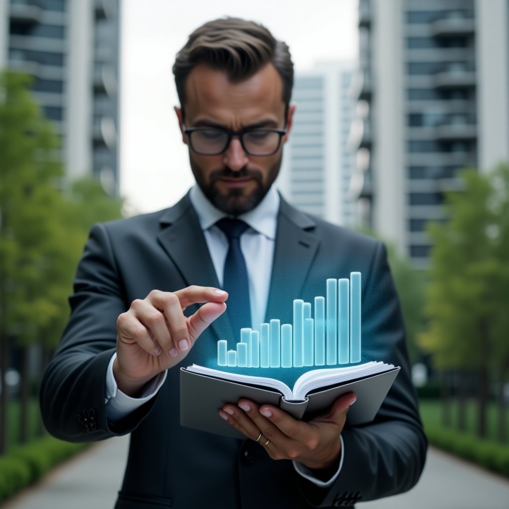 (Ultra-realistic condominium manager in a sleek charcoal suit, set in a modern luxury condominium environment with high-rise buildings and lush green landscaping, examining a floating holographic financial ledger and pointing at transparent bar charts symbolizing clear accounting, confident and focused expression, cinematic lighting, shallow depth of field, highly detailed textures, realistic skin, photographic realism, 8k resolution --ar 1:1 --v 6)