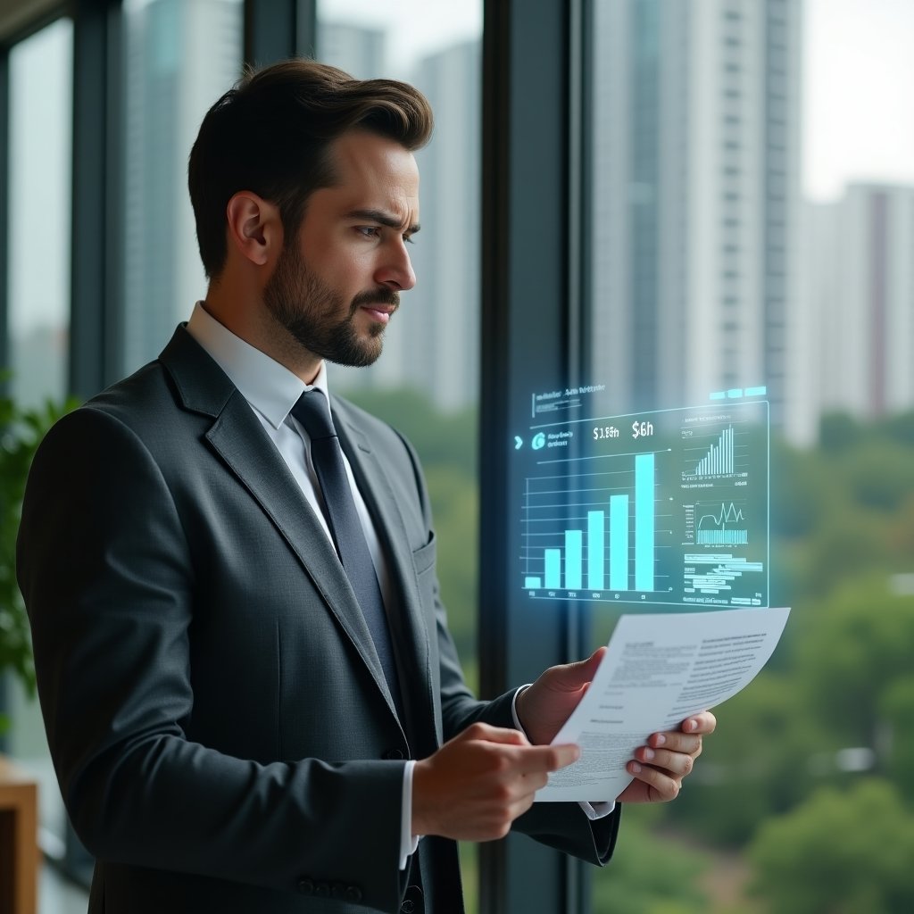 (Ultra-realistic medium shot of a condominium manager in a tailored dark gray suit with a crisp white shirt, set in a modern luxury condominium environment with high-rise buildings and lush green landscaping, reviewing financial documents on a transparent holographic display with charts and spreadsheets, confident and thoughtful expression, cinematic lighting, shallow depth of field, highly detailed textures, realistic skin, photographic realism, 8k resolution --ar 1:1 --v 6)