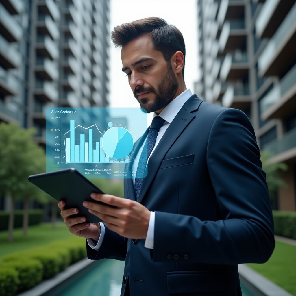 Ultra-realistic condominium manager in a navy suit, set in a modern luxury condominium environment with high-rise buildings and lush green landscaping, close-up of a confident professional holding a tablet displaying holographic financial charts, translucent bar graph and pie chart floating beside them, cinematic lighting, shallow depth of field, highly detailed textures, realistic skin, photographic realism, 8k resolution --ar 1:1 --v 6